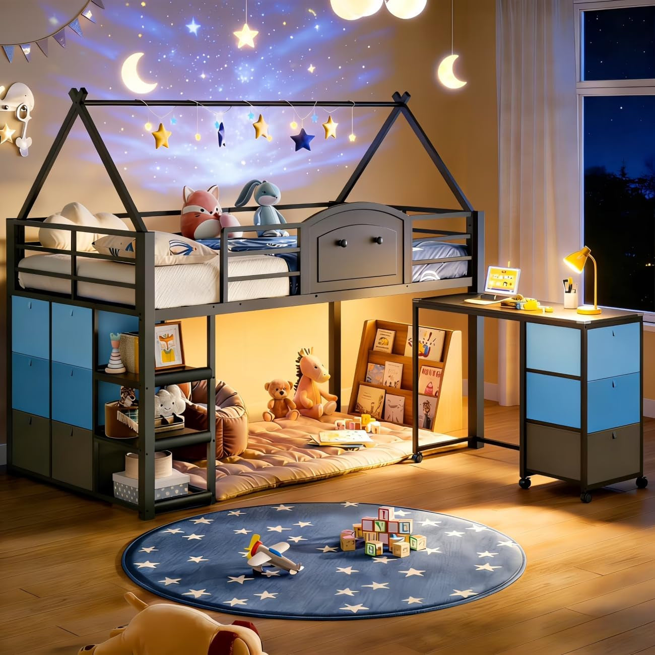 twin-loft-bed-with-desk-and-storage-for-kids-metal-low-loft-bed-twin-with-9-drawers-3-tier-shelves-led-lights-safety-guardrail-no-box-spring-needed-grey