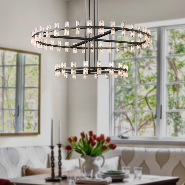 D32''+D40'' Large Black Wagon Wheel Chandelier 72-Lights Black round Chandeliers Glass Chandeliers for Dining Room,Living Room Vintage Chandelier6