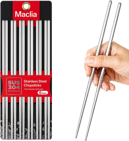 6 Pairs 304 Stainless Steel Reusable Chopsticks, Silver | Non-Slip Tips, Dishwasher Safe & Lightweight, for Sushi, Ramen, Noodles, Rice & Asian Cuisine, Premium Gift Set, Food Grade1