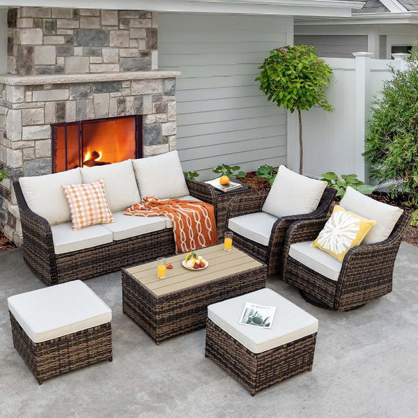 7 Pieces Patio Furniture Set with Swivel Chair, Outdoor Patio Conversation Set, Patio Sectional Furniture Set with 2 Swivel Rocker Patio Chair and Sofa, 2 Ottomans and Coffee Table (Brown)9