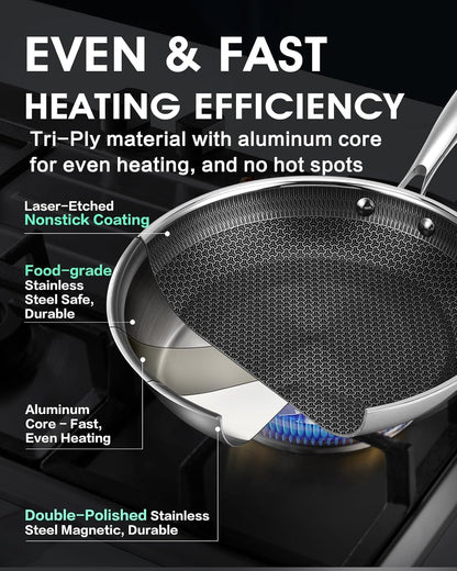 Stainless Steel Non Stick Frying Pan with Lid - PFOA Free | Induction Compatible | Oven & Dishwasher Safe | Stay Cool Handle | Versatile for All Stovetops | Gift3