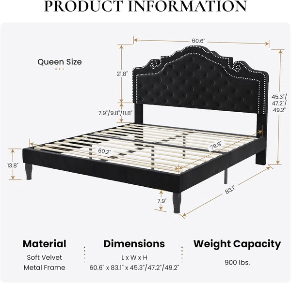 Queen Bed Frame with Adjustable Headboard/Velvet Upholstered/Diamond Button Tufted and Metal Studs/No Box Spring Needed/Wood Slat Support/Easy Assembly/Black2
