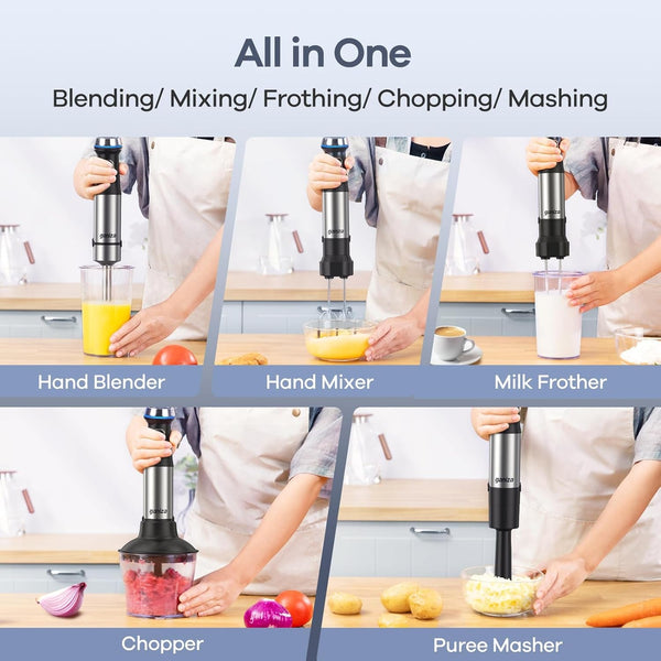 Immersion Blender Handheld, 6 in 1 Corded Hand Blenders Immersion | Stainless Steel Blade, 15 Speed Stick Blenders Electric, 800Ml Mixing Beaker, 600Ml Chopper, Whisk, Frother, Potato Masher8