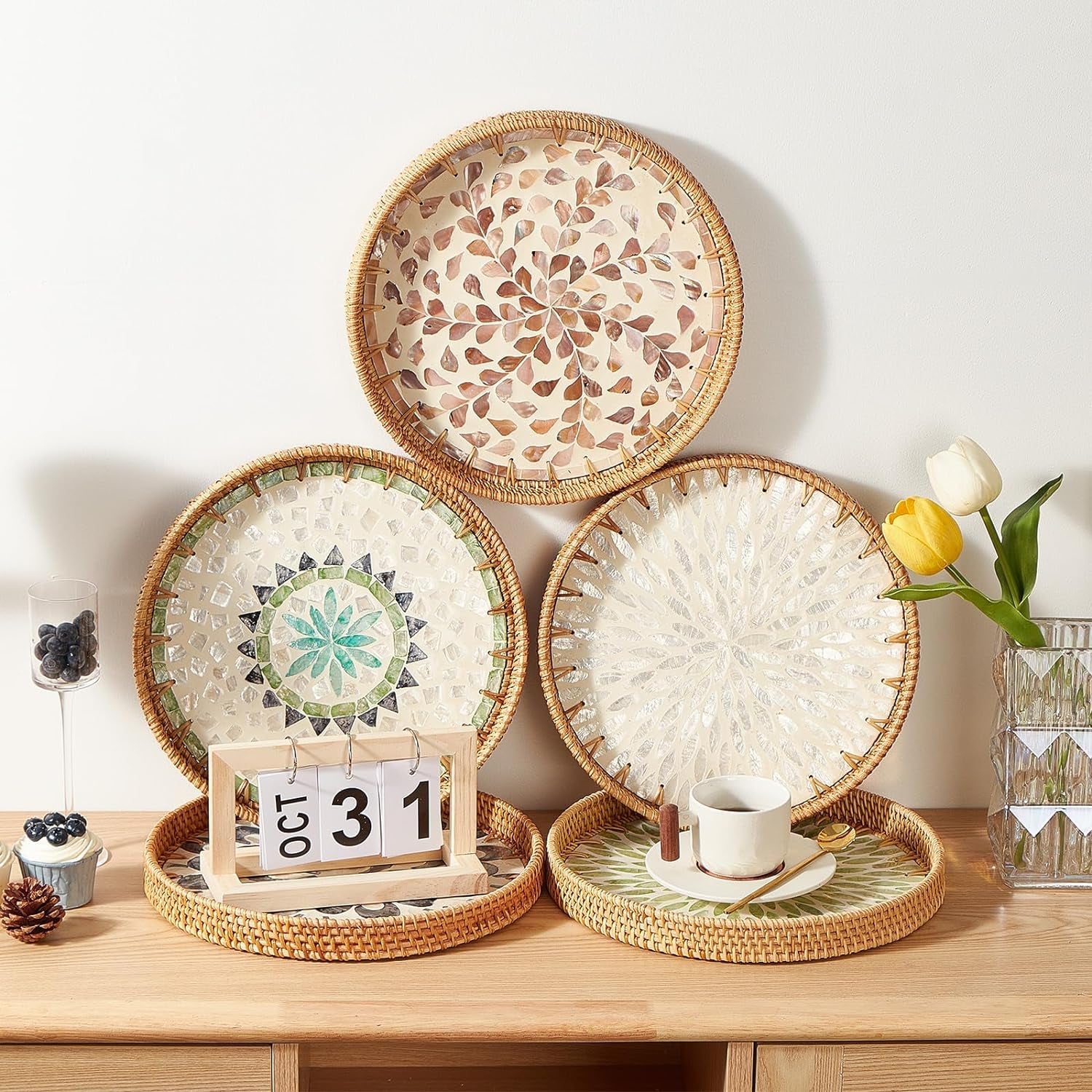 round-rattan-tray-with-mother-of-pearl-inlay-rattan-serving-tray-with-wooden-base-decorative-wicker-basket-for-table-decor-storage-and-display-of-coffee-bread-food-fruit-leaf-2