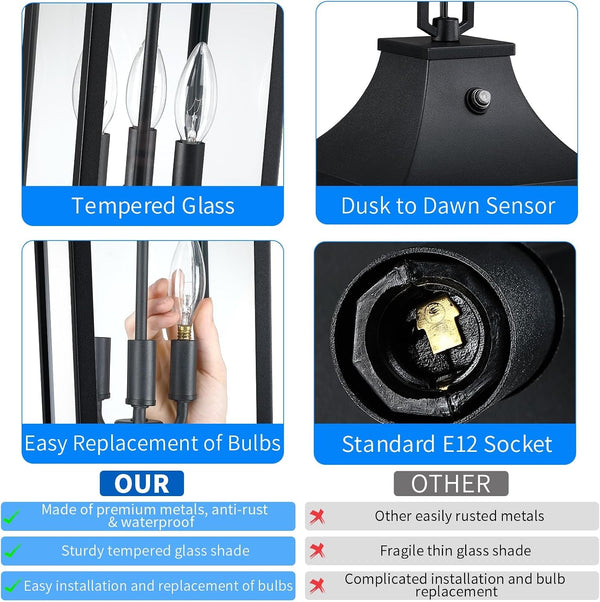 Large Outdoor Pendant Light Fixtures 3-Light, 15'' Dusk to Dawn Exterior Hanging Lantern Porch Light Adjustable, Black Hanging Lamp Farmhouse Exterior Chandelier Ceiling Mount for Entrance Patio6