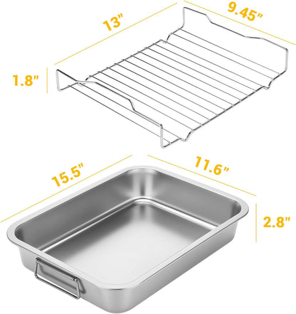 Heavy Duty Stainless Steel Roasting Pan with Rack & Handle for Oven | High Sided, Induction Compatible, Rack for Even Heating & Draining, for Turkey Chicken Vegetables & Lasagna, Easy to Clean2