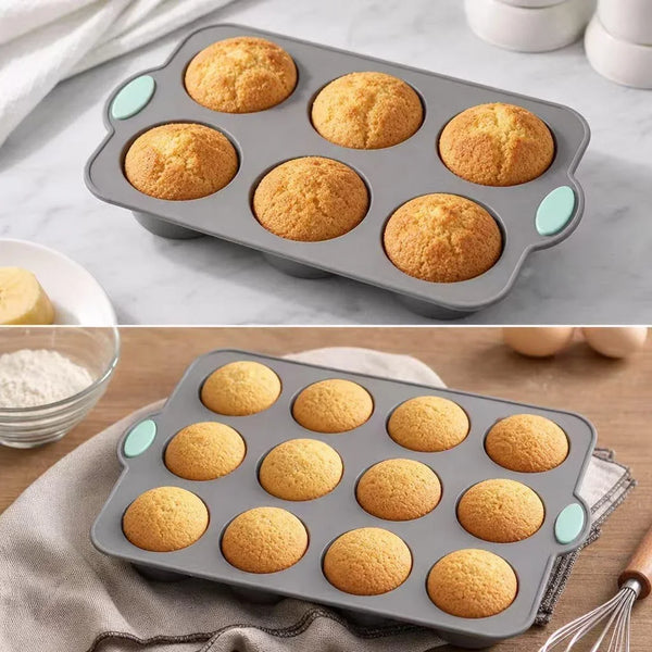 Gray Green Silicone Bakeware Set of 3, round Flower Pan 6 & 12 Cavity Pastry Trays for Household Baking3