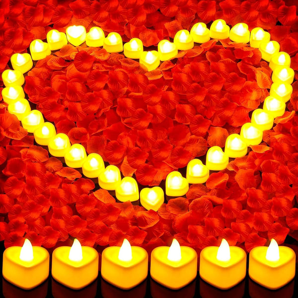 Rose Petals and Candles Set for Romantic Decoration, 3000 Pcs Red Rose Petals and 36 Pcs Heart Candle Lights for Special Night, Wedding, Anniversary, Valentine Day for Hotel and Bedroom Decor1
