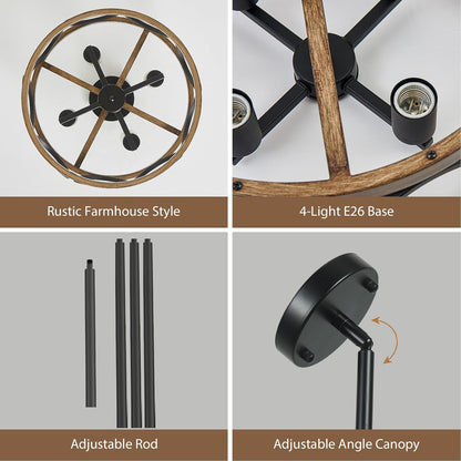 Black Dining Room Light Fixtures Modern Farmhouse Chandelier for Dining Room Living Room Kitchen 16'' Drum Metal Black and Wood Grain Finish, 4-Light round Hanging Chandelier Pendant4