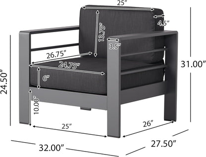 Cape Coral Outdoor Aluminum 5 Piece Loveseat Chat Set Water Resistant Cushions Grey Square Fire Table, 32.00 "W X 27.5 "D X 24.6 "H, Dark Gray + Gray8