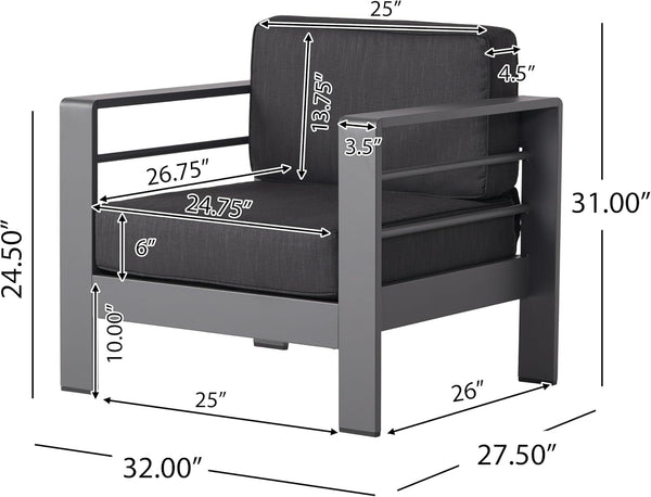 Cape Coral Outdoor Aluminum 5 Piece Loveseat Chat Set Water Resistant Cushions Grey Square Fire Table, 32.00 "W X 27.5 "D X 24.6 "H, Dark Gray + Gray8