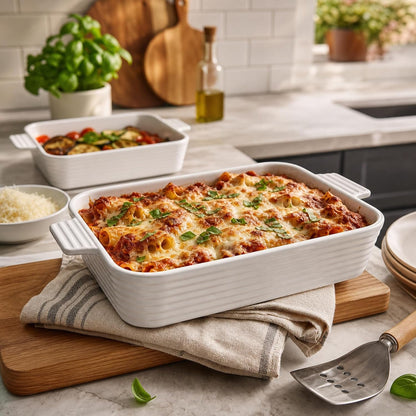 Casserole Dishes for Oven, Porcelain Baking Dish Set of 4 | Rectangular Lasagna Pans with Handles, Deep Bakeware, White (15''/13''/11.6''/9.6''), Oven Safe, Microwave Safe, Series BAKE3