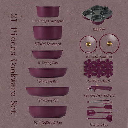 21Pcs Pots and Pans Set Non Stick, Detachable Handle Cookware Sets | Ultra Nonstick, Space Saving, Dishwasher & Oven Safe, Non-Toxic Kitchen/Apartment/Camping/Rv/ Traveling, Purple2