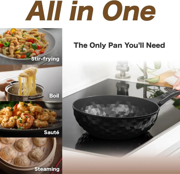 Diamond X Premium Non Stick Wok Pan with Lid - 11" Large Flat Bottom Chinese Wok - Woks & Stir-Fry Pans Nonstick - Titanium-Coated 8-Layered Korean Engineered Skillet for Frying, Oil-Free, Pfoa-Free4