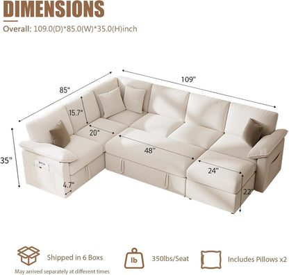 109" Modular Sectional Sofa with Pull Out Bed, L Sleeper Sofa, Beige3