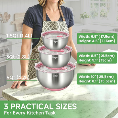 Mixing Bowls with Clear Airtight Lids, 3-Piece Stainless Steel Set, Pink2
