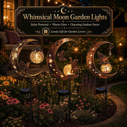Hummingbird Moon Solar Garden Stake Light Outdoor, IP65 Waterproof Metal Pathway Decor Lamp with Crackle Glass Globe, Warm White Starry Illumination for Yard Patio Lawn (Cat & Butterfly)2