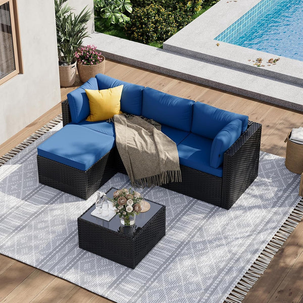 Patio Furniture Set 5-Piece, Outdoor Sectional Sofas with Washable Cushion, Wicker Rattan Patio Conversation Sets for Backyard Porch and Poolside, Navy8