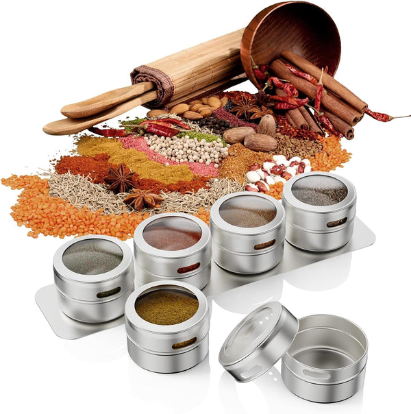 Set of 16 Magnetic Spice Tins with 4 Metal Wall-Plates,100 Preprinted Seasoning Label Stickers,2 Styles for 3 Oz Herb Jars6