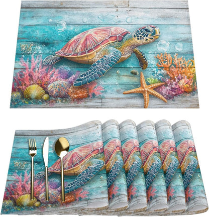 Placemats Set of 6, Ocean Wood Turtle Place Mats, Heat-Resistant Faux Linen Polyester Fabric Placemat, Wipeable Table Place Mats for Farmhouse Kitchen Dining Table 12X18 In1