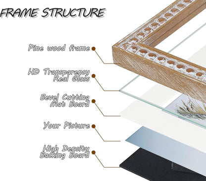8X10 Rustic Picture Frame with Mat for 5X7/6X8, Farmhouse Boho Deco Distressed Beaded Wooden Real Glass, Vertical or Horizontal Display Photo Gallery Wall & Tabletop Frame, Natural6