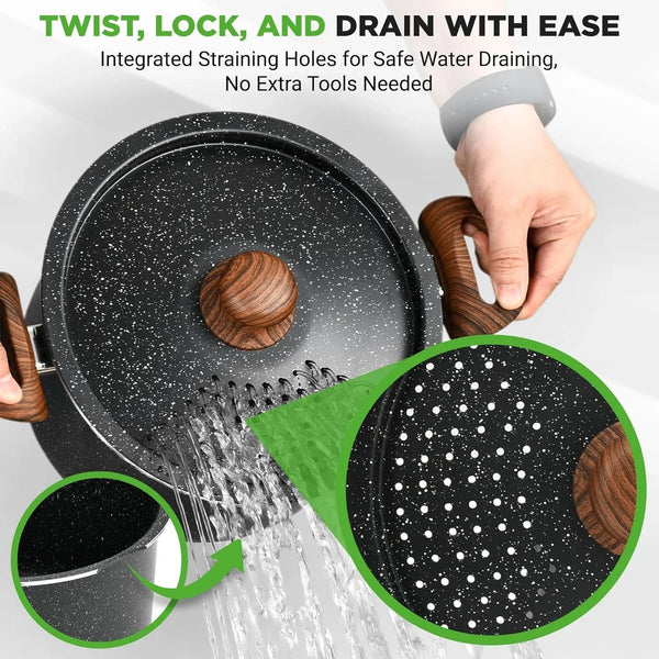 5Qt Pasta Pot with Strainer Lid & Pasta Fork | Non-Stick Cooking Pot | Lockable Lid, Heat Resistant Handles | Even Heat Distribution | Easy Clean | Black Marble2