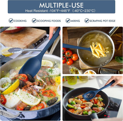 446°F Heat Resistant Silicone Cooking Spoon Spatula, BPA Free Large Kitchen Solid and Slotted Spoons for Mixing, Serving, Scraping, Non-Stick, Dishwasher Safe Classic Blue 12.5Inch6