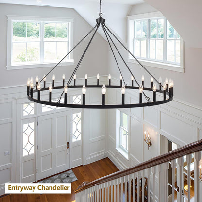 Black Extra Large Wagon Wheel Chandelier, 60 Inch 30 Lights4