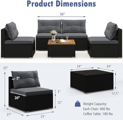 5 Pieces Wicker Patio Furniture Set, Outdoor 4 Armless Rattan Sofa & Coffee Table Set, with Cushions, Acacia Wood Tabletop, Sectional Patio Conversation Set for Lawn, Yard, Poolside, Grey4