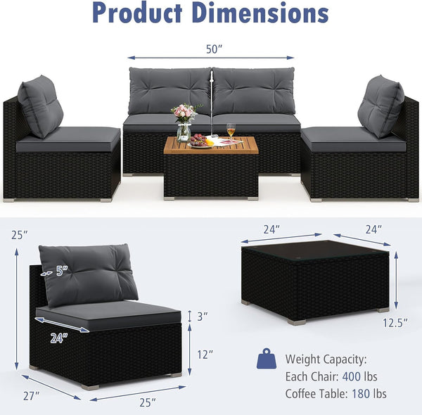 5 Pieces Wicker Patio Furniture Set, Outdoor 4 Armless Rattan Sofa & Coffee Table Set, with Cushions, Acacia Wood Tabletop, Sectional Patio Conversation Set for Lawn, Yard, Poolside, Grey4
