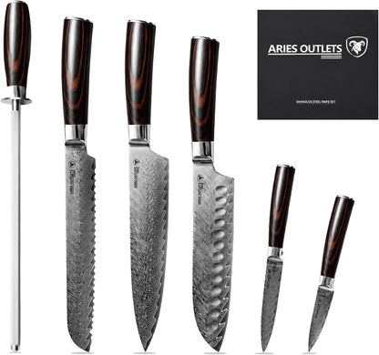 6 Piece Japanese Kitchen Knife Set, VG10 Core Damascus Knives | Professional Chef Knife Set, Ultra Sharp 67-Layer Forged Steel, 15° Edge, Ergonomic Pakkawood Handles and Gift Box1