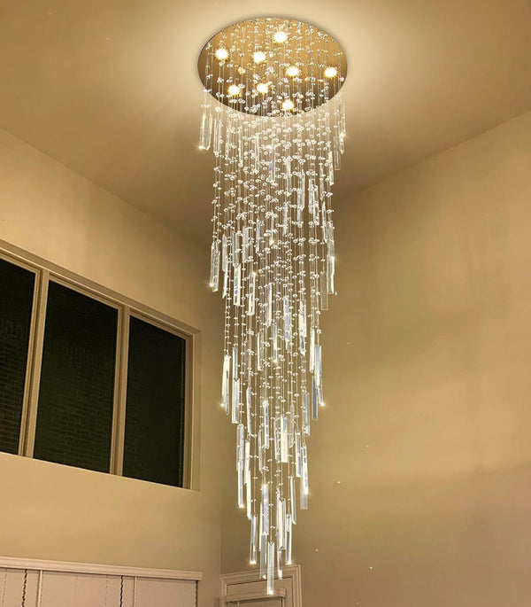 78'' Modern Crystal Chandelier High Ceiling Chandeliers for Entryway Large Raindrop Chandeliers LED Dimmable Flush Mount Light Fixtures for Staircaes Foyer Hallway Living Room LED Bulbs Included Gold1