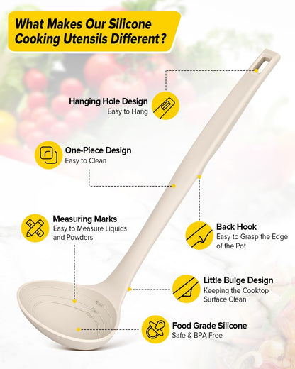 Silicone Pasta Fork and Soup Ladle Set, Heat Resistant Non Stick Kitchen Utensils with Back Hooks, Suitable for Cooking, Stirring, Serving Spaghetti, Soup, Sauce(Khaki)2