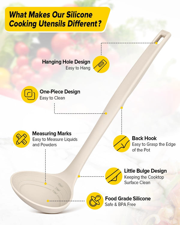 Silicone Pasta Fork and Soup Ladle Set, Heat Resistant Non Stick Kitchen Utensils with Back Hooks, Suitable for Cooking, Stirring, Serving Spaghetti, Soup, Sauce(Khaki)2