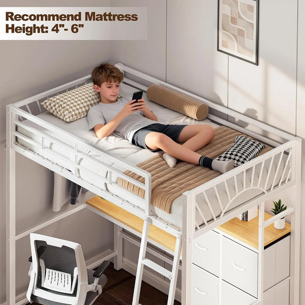 White Twin Loft Bed with Desk and 6 Storage Drawers, Metal Twin Size Loft Beds with Charging Station, RGB LED Lights, and Pegboard & Hanging Rod for Kids, Teenager (White)5