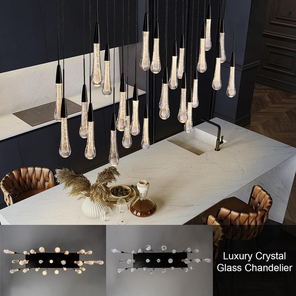 Black Rectangle Raindrop Chandelier with Glass，25-Lights Luxury Farmhouse Large Linear Chandeliers for Dining Room over Table, Brass Pendant Ceiling Light Fixture for Kitchen Island2