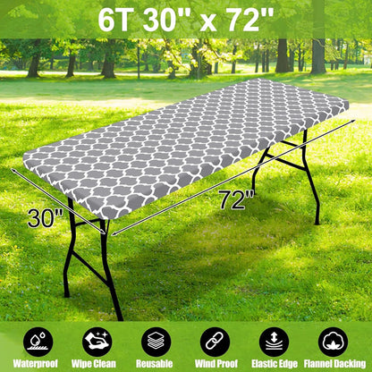 Picnic Fitted Table Cover, 6 Foot Flannel Backed Vinyl Tablecloth | Waterproof Elastic Stretch Table Cloth, Wipeable Plastic Tablecloth for Camping, Indoor & Outdoor (Grey, 30" X 72")8