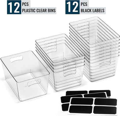 12 PACK LARGE Clear Storage Bins with Handles & Labels, Multiuse Plastic Pantry Organizer Bins for Home Kitchen, Fridge, Freezer, Cabinet, Closet, Bathroom, Shelf, Laundry, RV, under Sink Organization3