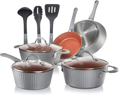 Nonstick Cookware Excilon |Home Kitchen Ware Pots & Pan Set with Saucepan, Frying Pans, Cooking Pots, Lids, Utensil PTFE/PFOA/PFOS Free, 11 Pcs, Gray1