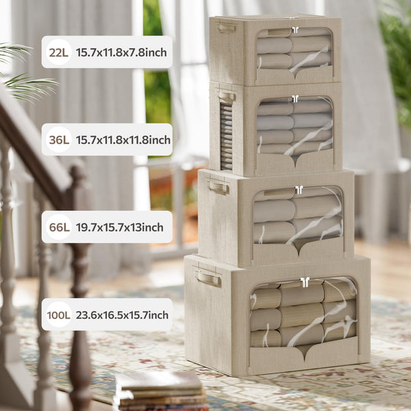 3 Pack Clothes Storage Bins Foldable Metal Frame Storage Box Stackable Linen Fabric Organizer Set with Carrying Handles and Clear Window (Beige, 15.7X11.8X11.8Inch(36L))4