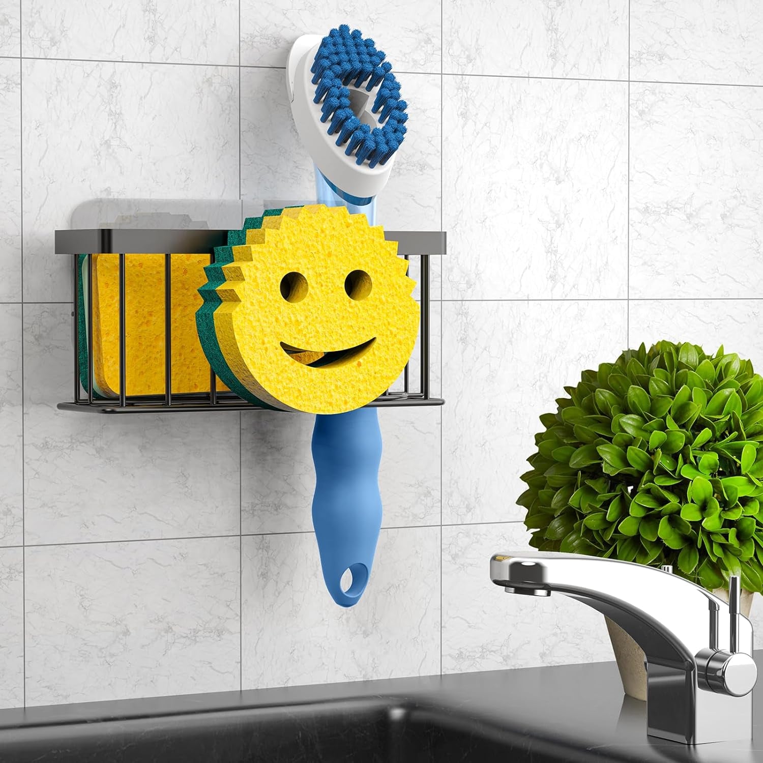 sponge-holder-smiley-face-sink-organizer-with-2-suction-cups-1-adhesive-strips-designed-for-sponge-soap-dish-brush-scrubber-black