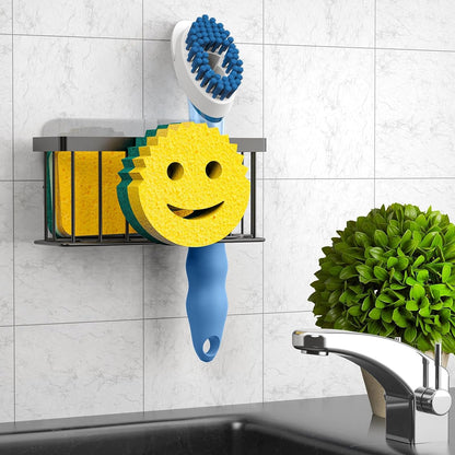 Sponge Holder Smiley Face, Sink Organizer with 2 Suction Cups/1 Adhesive Strips, Designed for Sponge, Soap, Dish Brush, Scrubber - Black6