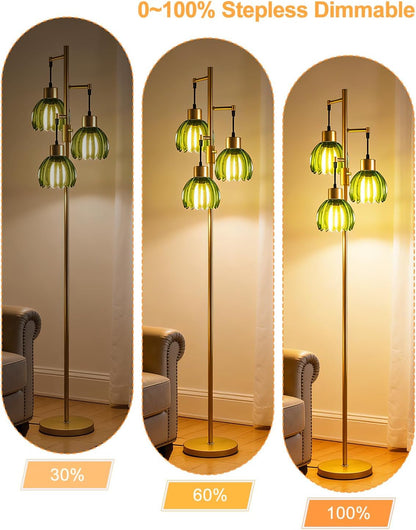Glass Floor Lamp Green Lotus Flower Shade Dimmable Gold Floor Lamp | 3000K Bulbs Included 3-Light Modern Tall Floral Standing Lamp with 5Lbs Heavy Base for Living Room/Bedroom/Sofa Beside/Decor2