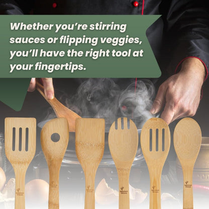 6 Piece Kitchen Utensils Set - Bamboo Cooking Utensils with Comfort Grip, Including Utensil Holder, Bamboo Spoons, Shovels & Spatulas | Wooden Utensil Set for Non-Stick Pans, Kitchen Essentials3