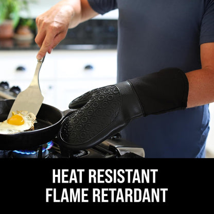 Bpa-Free Silicone Oven Mitts Ultra Heat Resistant up to 500°F - Oven Mitts with Thick Cotton Liner - Long Slip Resistant Pot Holders, Flexible Oven Gloves - Black 13.7"2