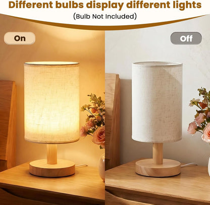 Small Table Lamp Set of 2, round Short Bedside Lamps 2700K Warm LED with Linen Shade & Wood Base, USB Mini Nightstand Lamps for Bedroom Desk3