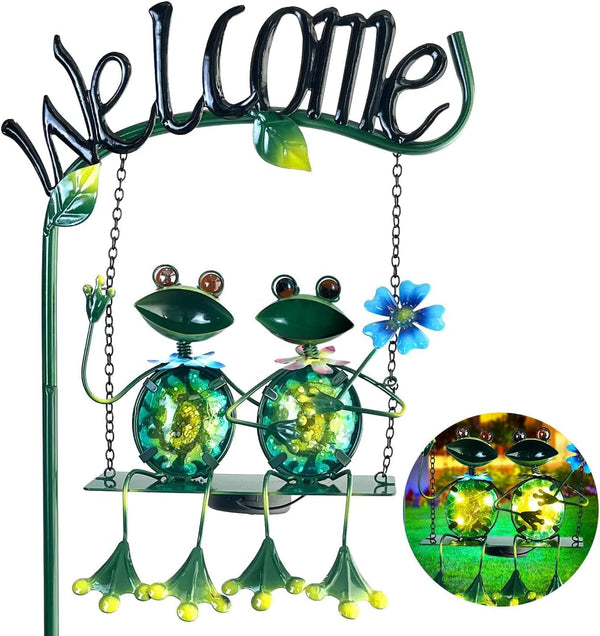 Solar Lights Outdoor Waterproof, Frog Swing Garden Decor, Frog Decorative Stake with Welcome Sign Landscape Patio Yard Gifts for Women Mom (48 Inch)1