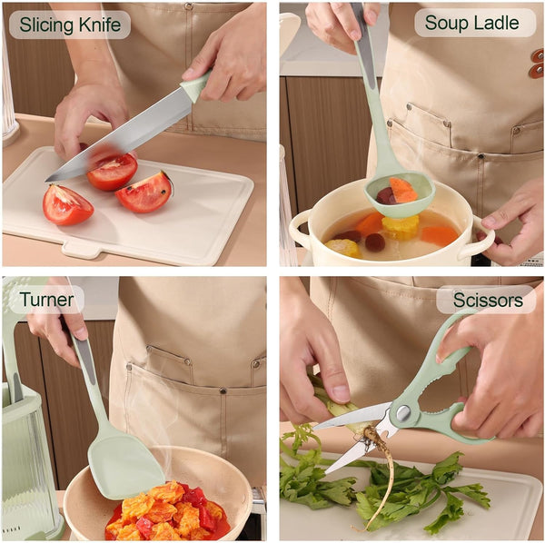 Kitchen Utensils Set and Knife Set with Acrylic Block, 17 Pieces Silicone Utensils Set for Cooking, Stainless Steel Knife Set with Built-In Sharpener, Scissors Spatula Turner (Green)5