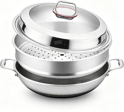 Tri-Ply Stainless Steel Wok Pan with Lid and Steamer Basket,Hybrid Woks & Stir-Fry Pans Nonstick with Double Handles,Induction Large Saute Pan Deep Frying Pan,17.3Inch Wok with Steamer1