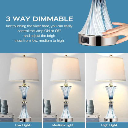 3-Way Dimmable Touch Glass Table Lamps for Bedrooms with 2 USB Ports Set of 2 Coastal Beach Bedside Lamps for Contemporary Modern Night Stand Lamps with 2 LED Bulbs for Lighting Decor2